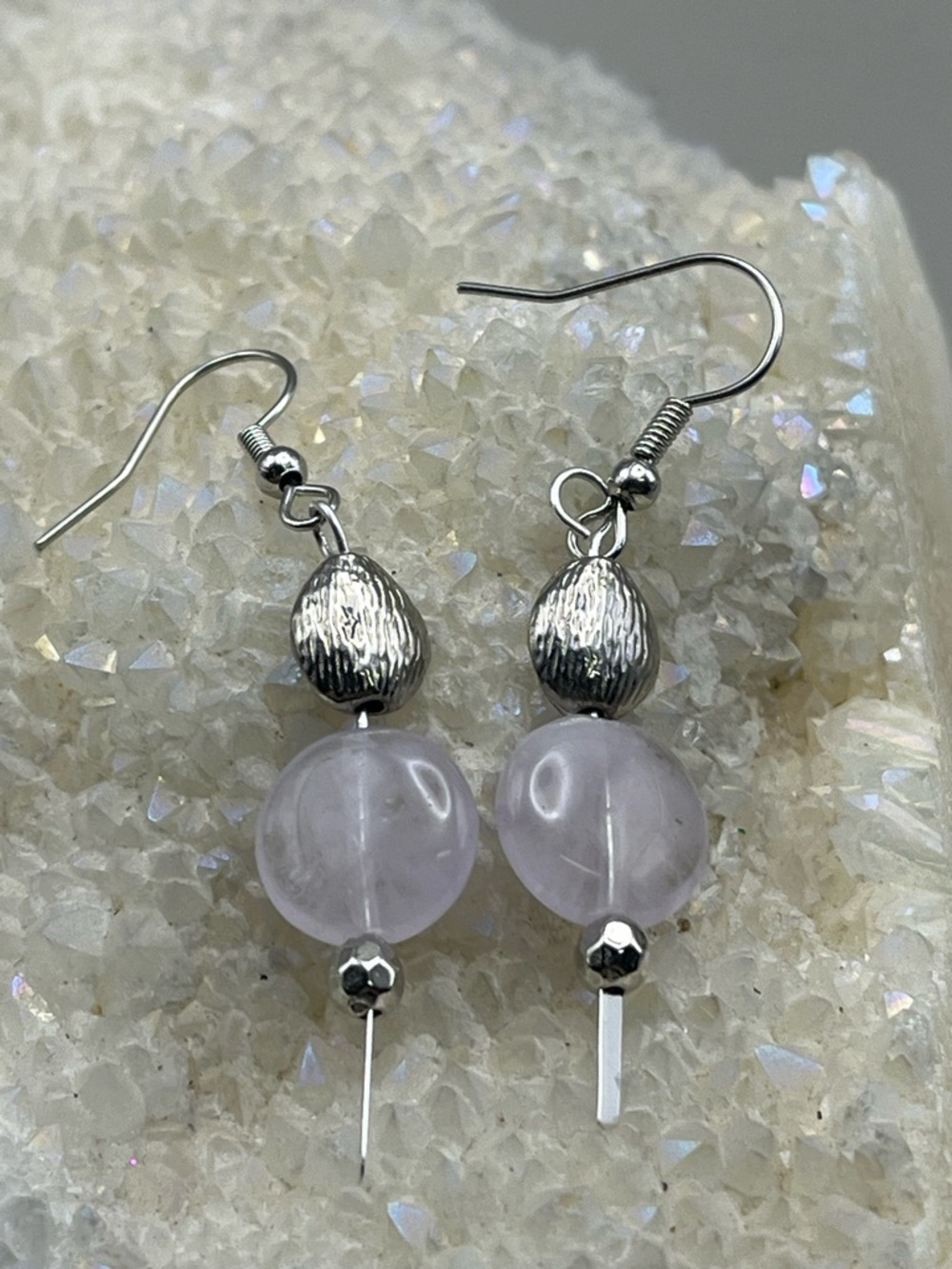 Silver Tone Lavender Gemstone Bead Dangle Earrings - Boho Minimalist Chic